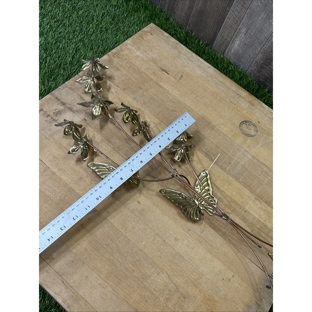 Retro MCM Metal Brass Butterfly Flower Leaves Wall Hanging Art Decor Set Of 2